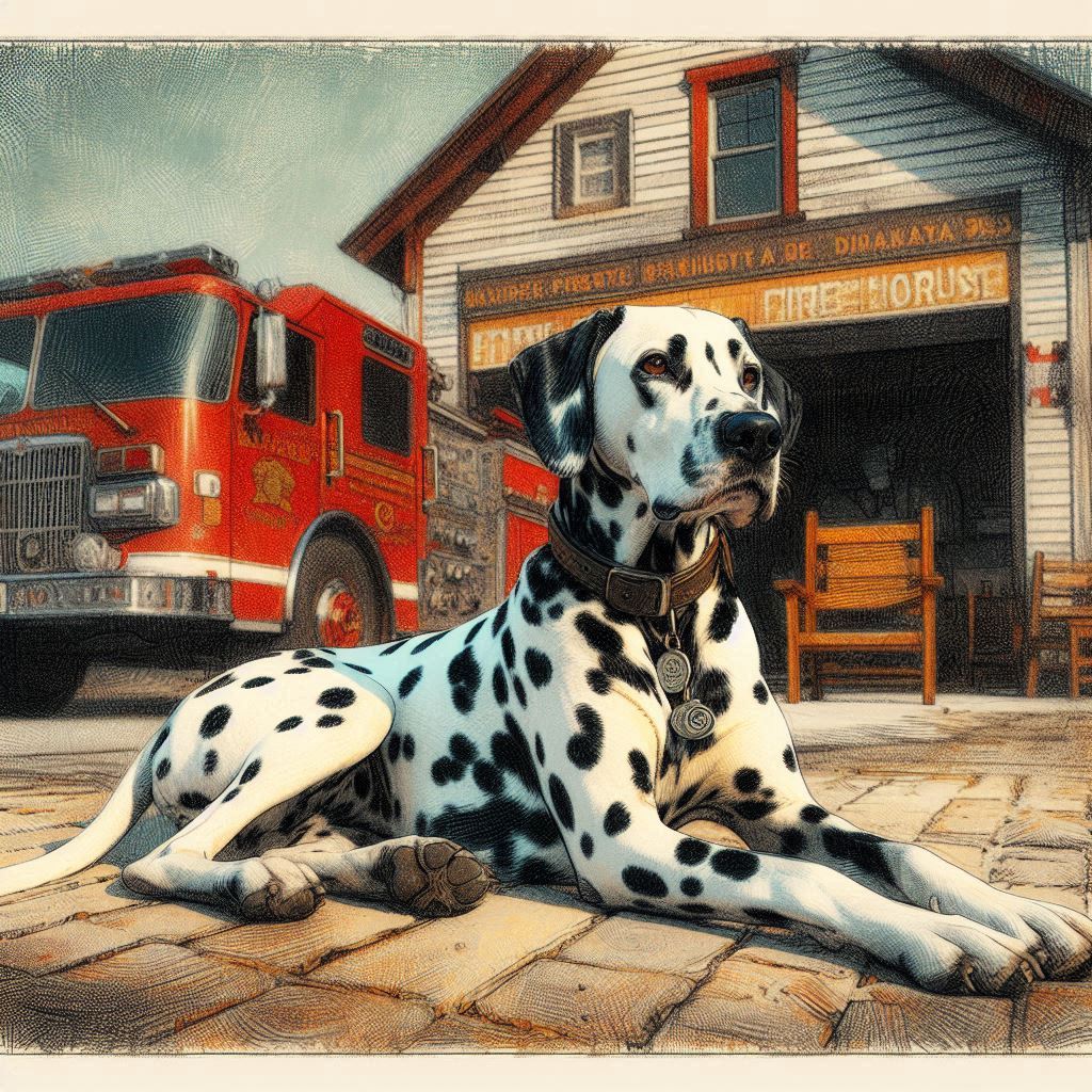 A Dalmatian dog lying in front of a fire station with a fire truck in the background.