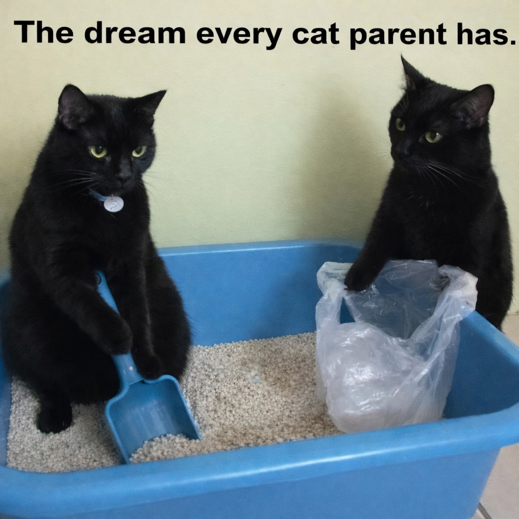 Two black cats sitting next to a blue litter box, one holding a scoop and the other with a plastic bag. The text above reads, 'The dream every cat parent has.'