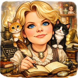 A woman with blonde hair and blue eyes holding a feather pen, surrounded by two cats, with an open book and antique items in the background.