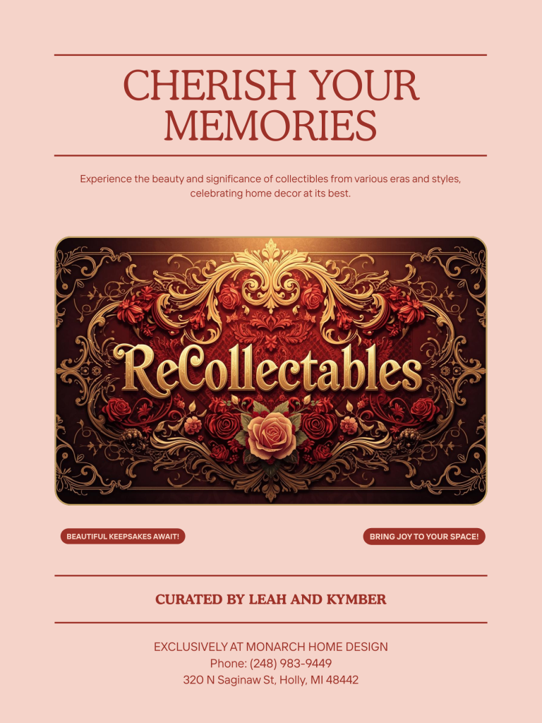 Promotional image for ReCollectables featuring ornate lettering and floral designs, highlighting collectible home decor items curated by Leah and Kymber.