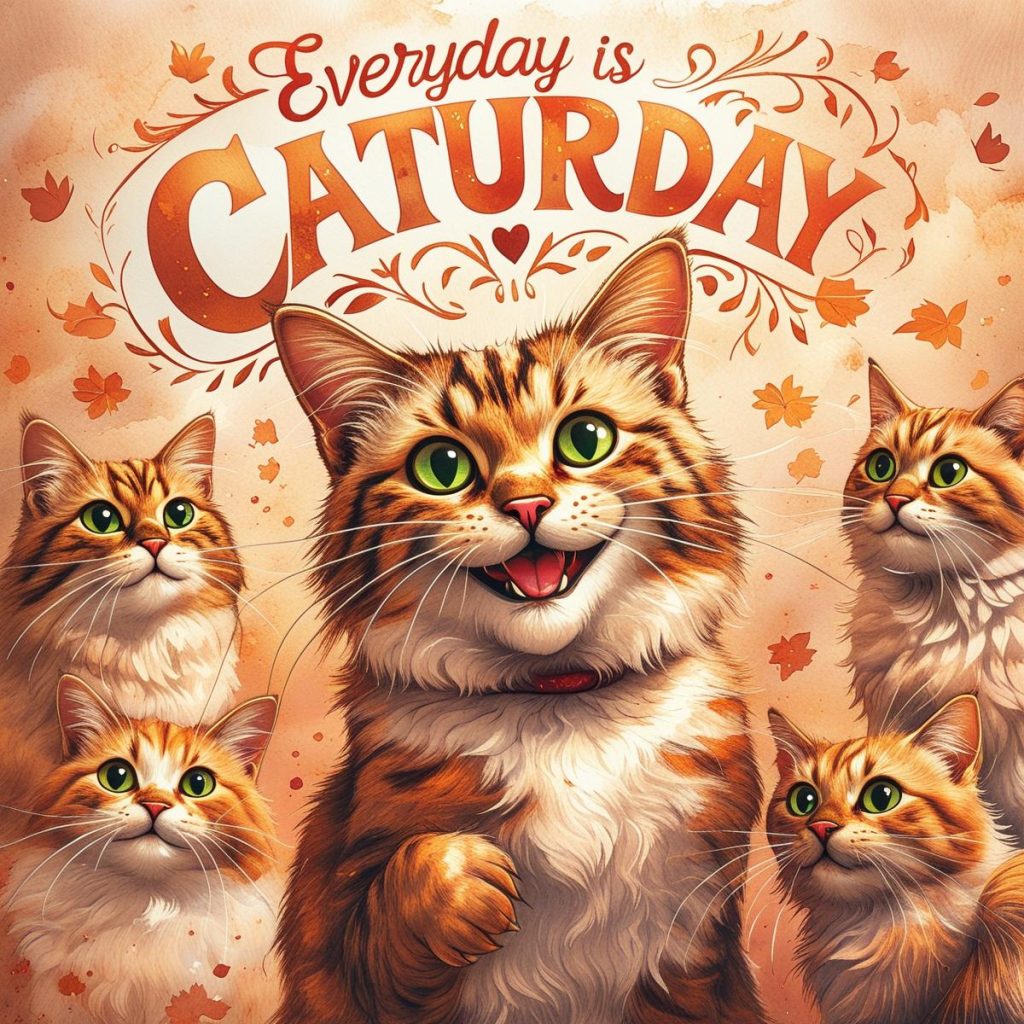 A cheerful illustration of five orange tabby cats with large green eyes, featuring the text 'Everyday is CATURDAY' and decorative autumn leaves in the background.
