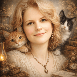 A woman with blonde hair smiling, flanked by a ginger cat and a black and white cat, surrounded by vintage books and an oil lamp.