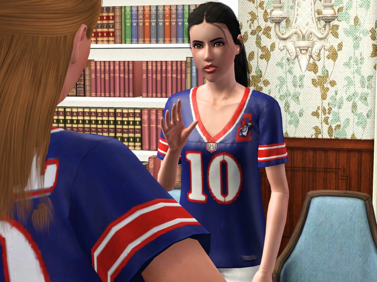Two animated characters in sports jerseys are having a conversation indoors, with bookshelves in the background.