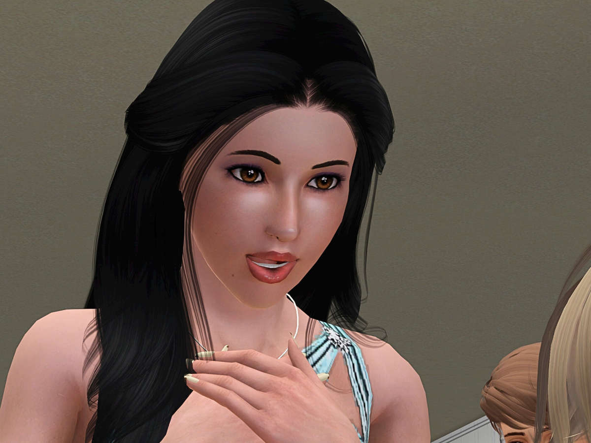 Close-up of a woman with long black hair, wearing a striped top, smiling and looking surprised.