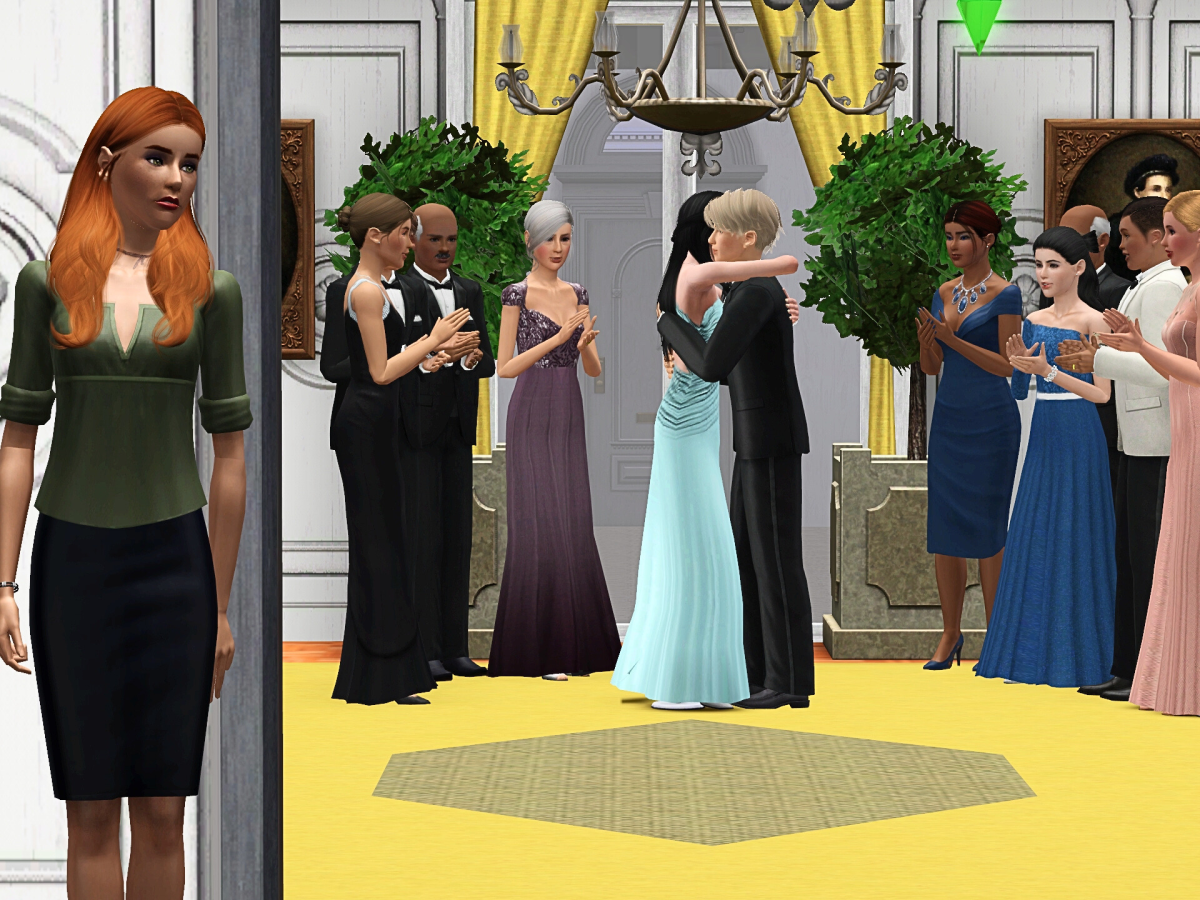 A scene from a virtual celebration, featuring a man and woman embracing at the center of a decorated room while guests watch and applaud. A woman with long, red hair stands off to the side, observing the moment.