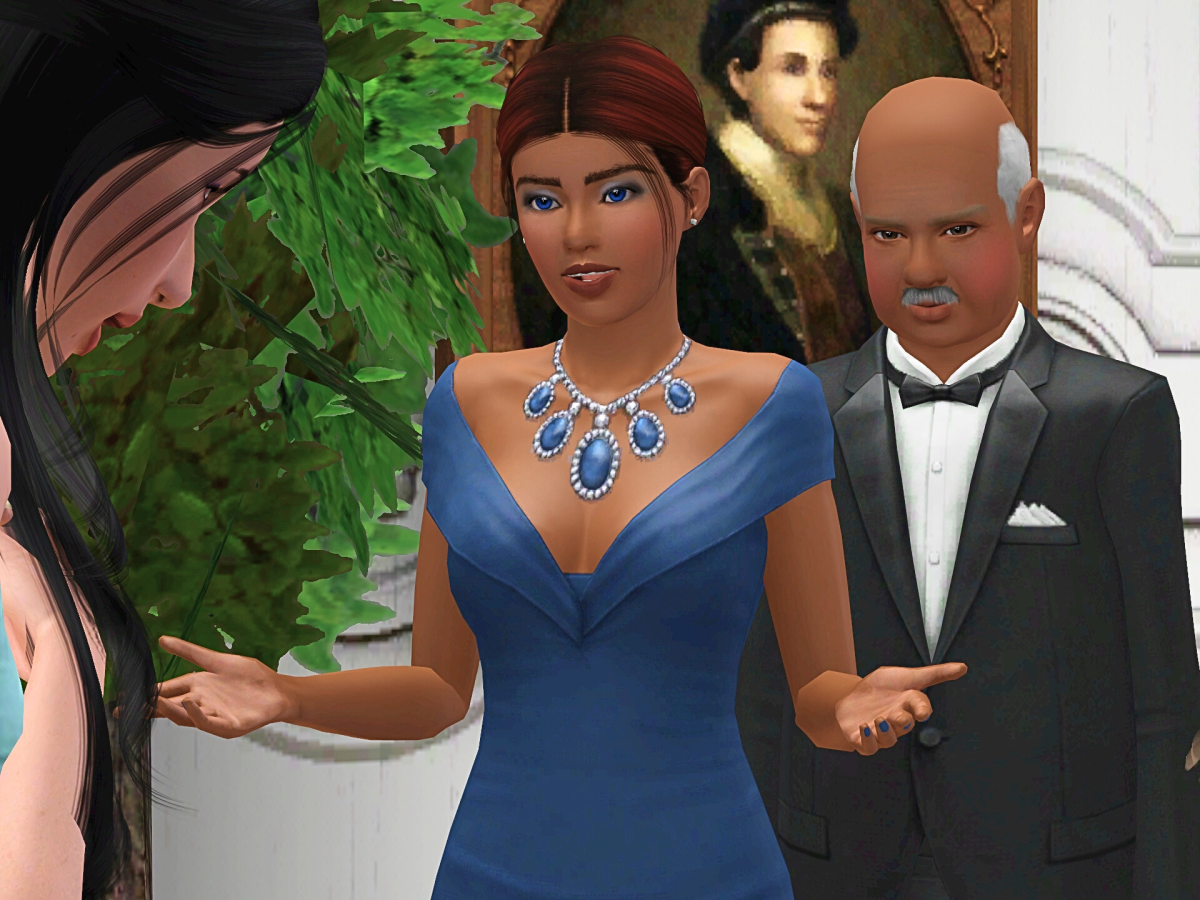A woman in a blue evening gown gestures while speaking to another woman, who appears concerned. A man in a tuxedo stands behind them, observing.
