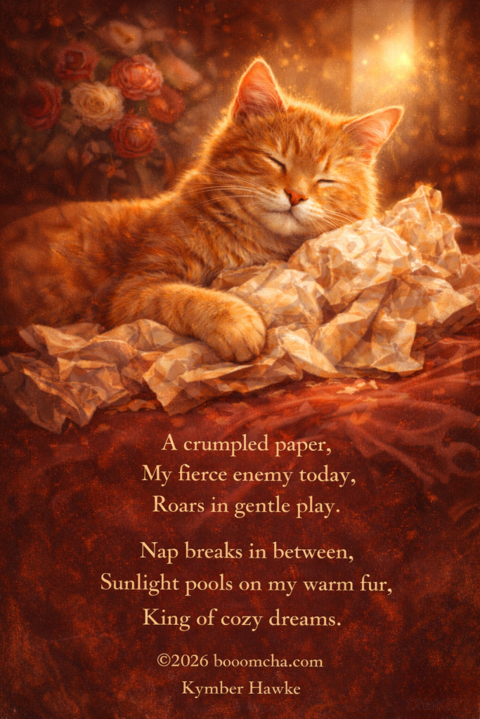 A content orange cat sleeping on crumpled paper, with sunlight illuminating its fur, surrounded by a warm, cozy atmosphere.