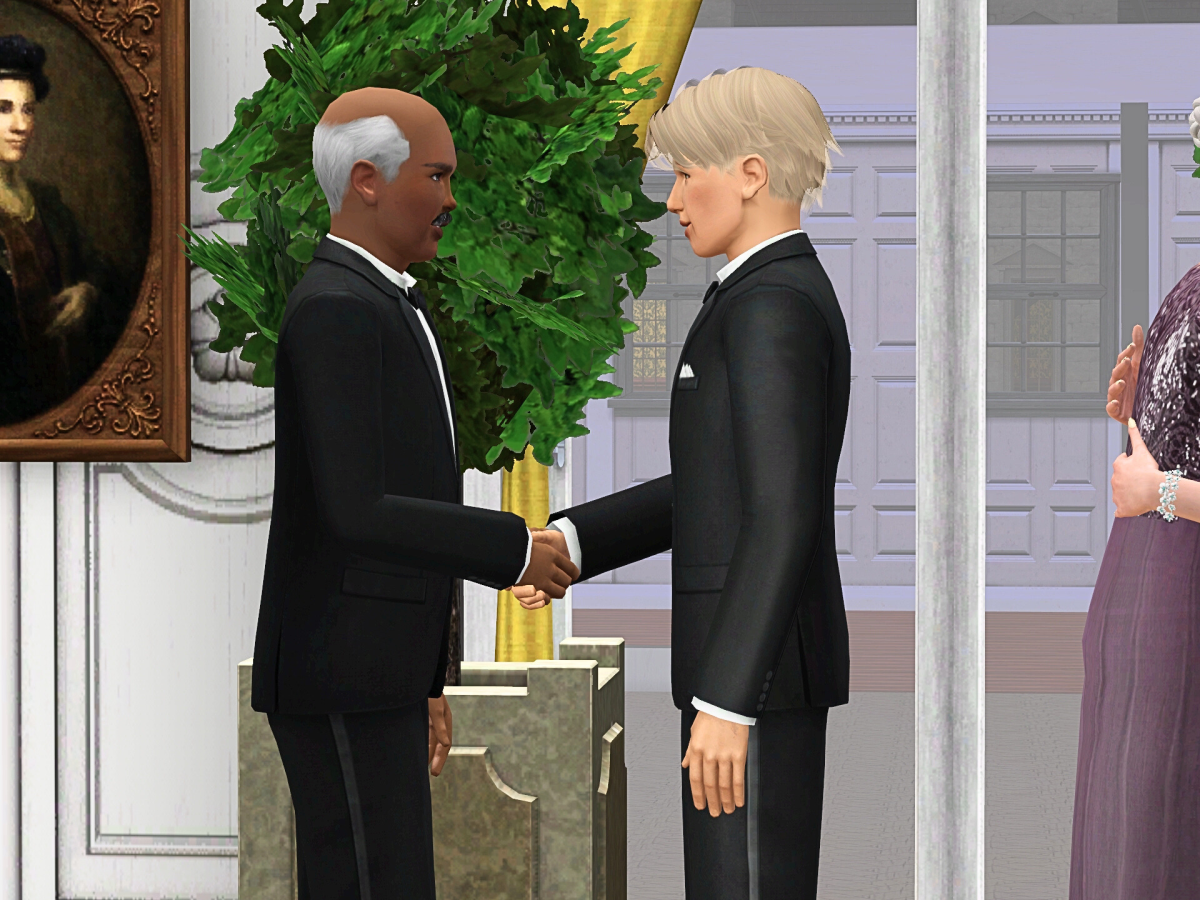 Two men in formal attire shaking hands in a sophisticated indoor setting, with a portrait in the background and a woman in elegant clothing nearby.