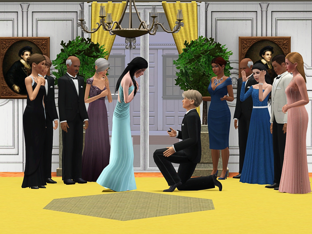 A group of elegantly dressed people gathered in a formal setting, with one man on one knee proposing to a woman in a light blue gown. Other guests are watching with expressions of surprise and joy.