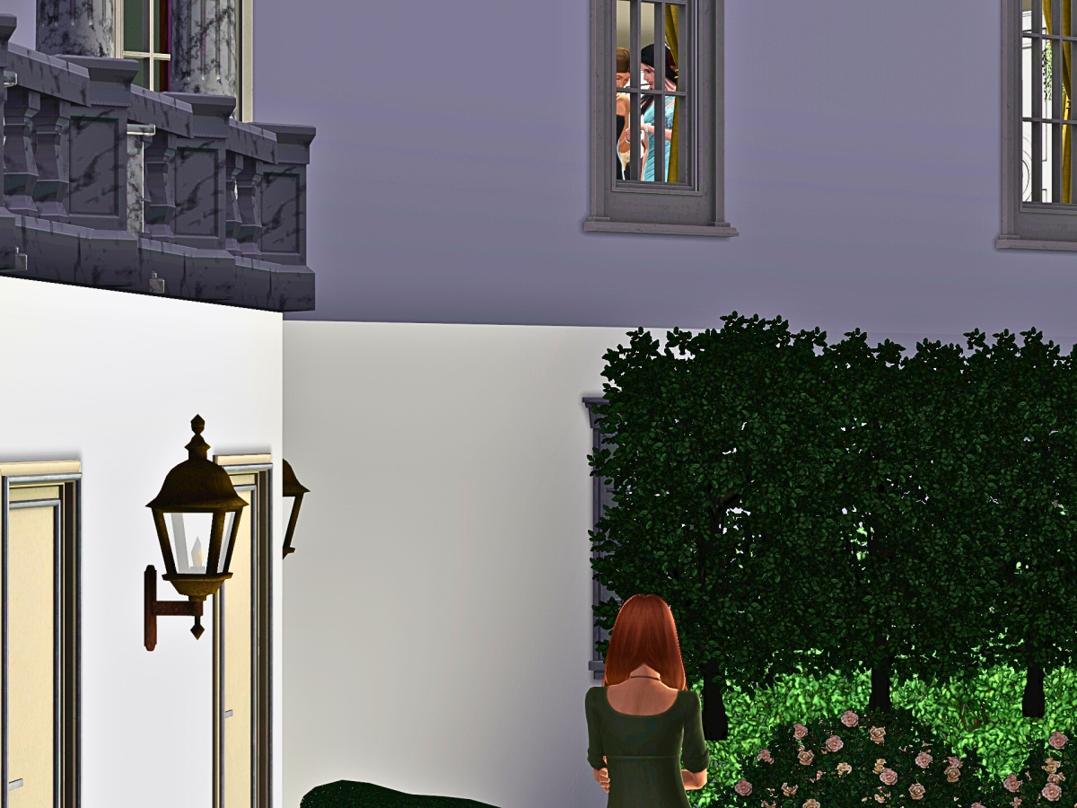 A person with red hair stands in a garden, looking towards a house with large windows. People can be seen inside the house through the windows, and there are decorative plants and a lantern in the foreground.