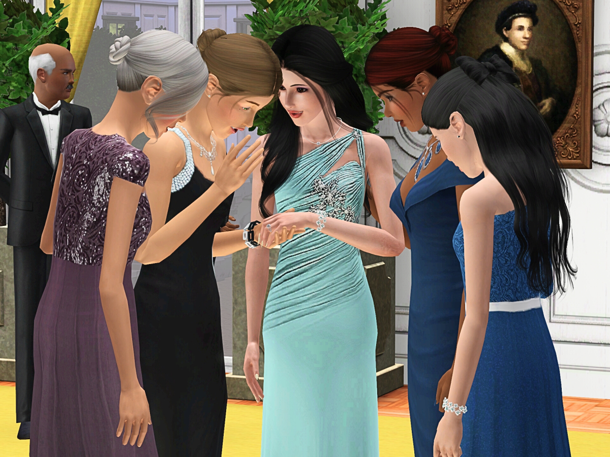 A group of five women in elegant dresses are admiring jewelry under warm lighting. In the background, a man in a tuxedo stands, while a portrait is visible on the wall.