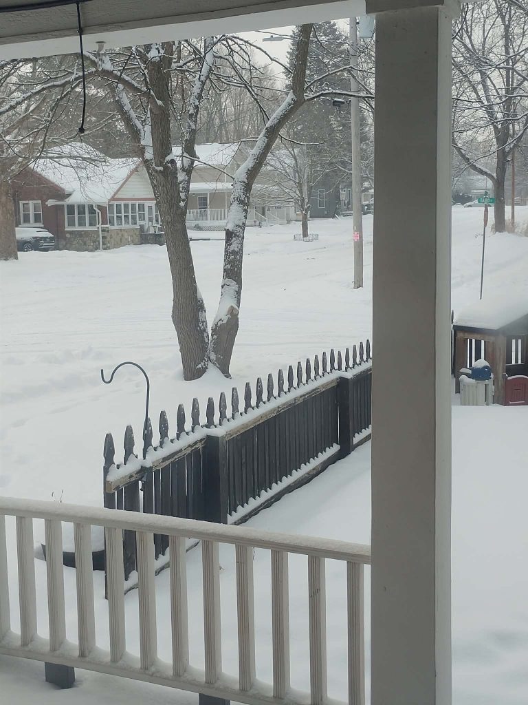 A snowy residential scene viewed from a porch, featuring a white landscape covering the ground and trees, with a black picket fence visible in the foreground and houses in the background.