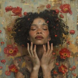 A woman with curly hair gently holding her face, surrounded by vibrant red poppy flowers on a textured background.