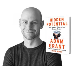 A portrait of a bald man smiling, alongside the book cover of 'Hidden Potential' by Adam Grant, featuring a diamond graphic and the subtitle 'The Science of Achieving Greater Things.'