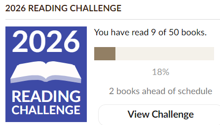 Graphic showing a 2026 Reading Challenge progress. Text indicates 9 out of 50 books read, with a progress bar at 18%, and notes being 2 books ahead of schedule.