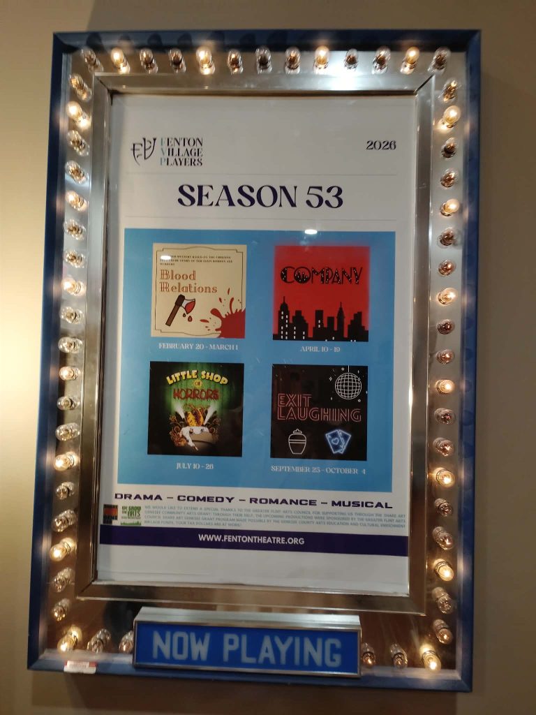A lighted marquee displaying the Season 53 lineup for a theater, featuring four show titles and the text 'NOW PLAYING'.