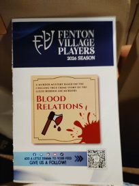 Brochure for Fenton Village Players 2026 season featuring a murder mystery titled 'Blood Relations', based on the Lizzie Borden axe murders. Includes graphics of an axe and blood.
