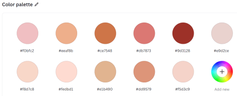 Color palette showcasing various shades of pink, peach, and red, including color codes for each shade.