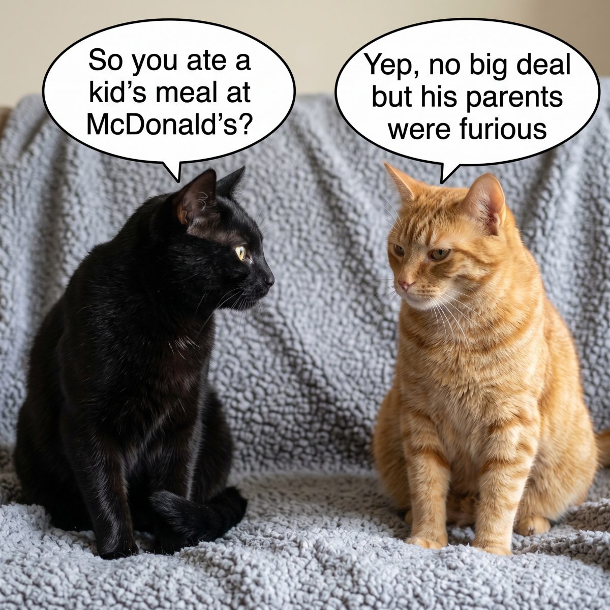 Two cats sitting on a blanket, having a humorous conversation about one eating a kid's meal at McDonald's, with speech bubbles above them.