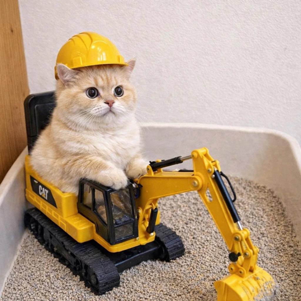 A fluffy cat wearing a yellow hard hat sits in a toy excavator, positioned in a sand-like play area.