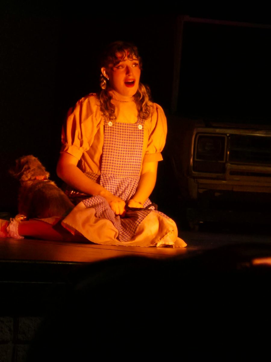 A performer dressed in a gingham dress sitting on stage, singing passionately with dramatic lighting.