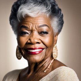 Portrait of an elderly woman with gray hair, wearing statement earrings and a warm smile, set against a soft neutral background.