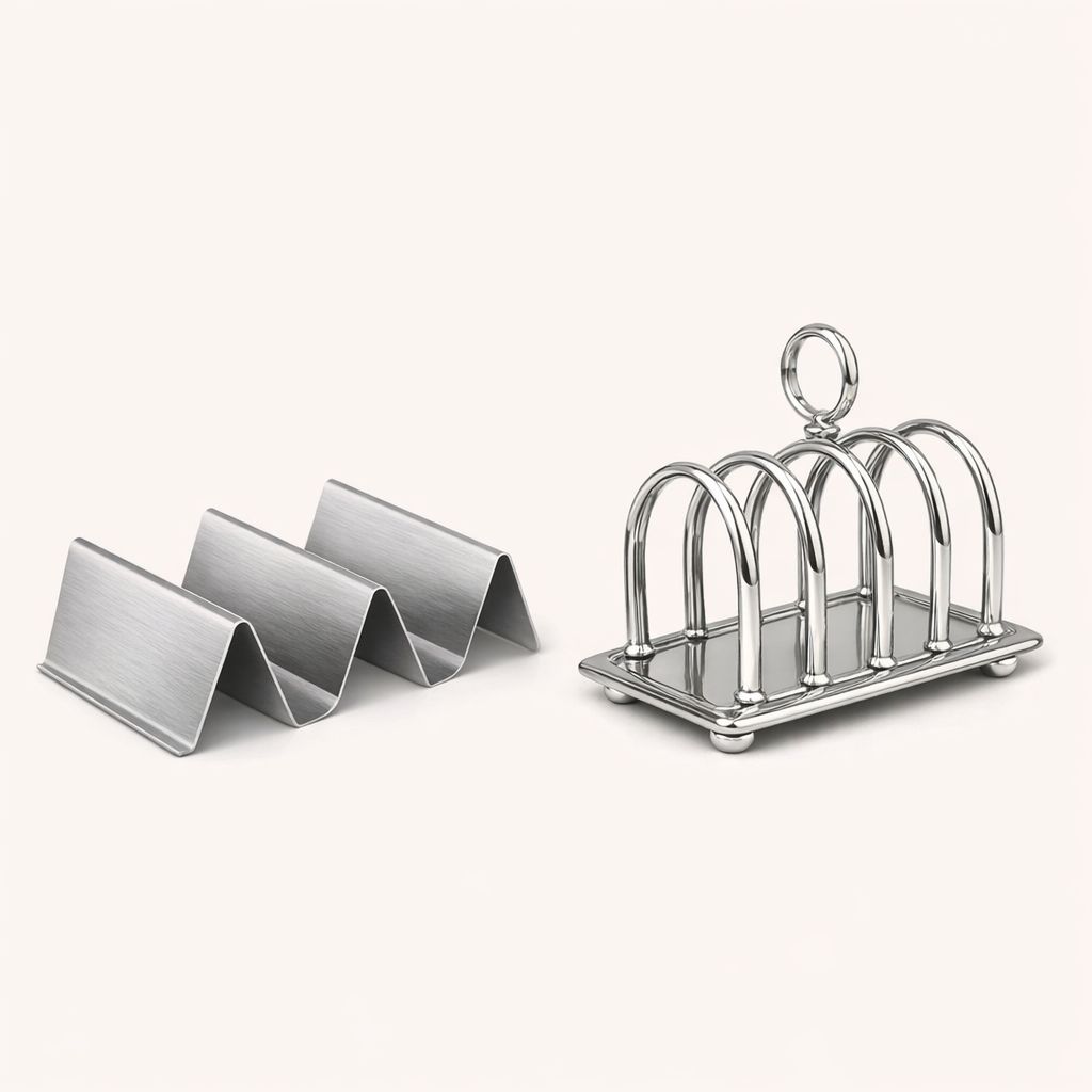 A set of stainless steel kitchen tools, including a three-section card holder and a decorative food cover with arched handles.