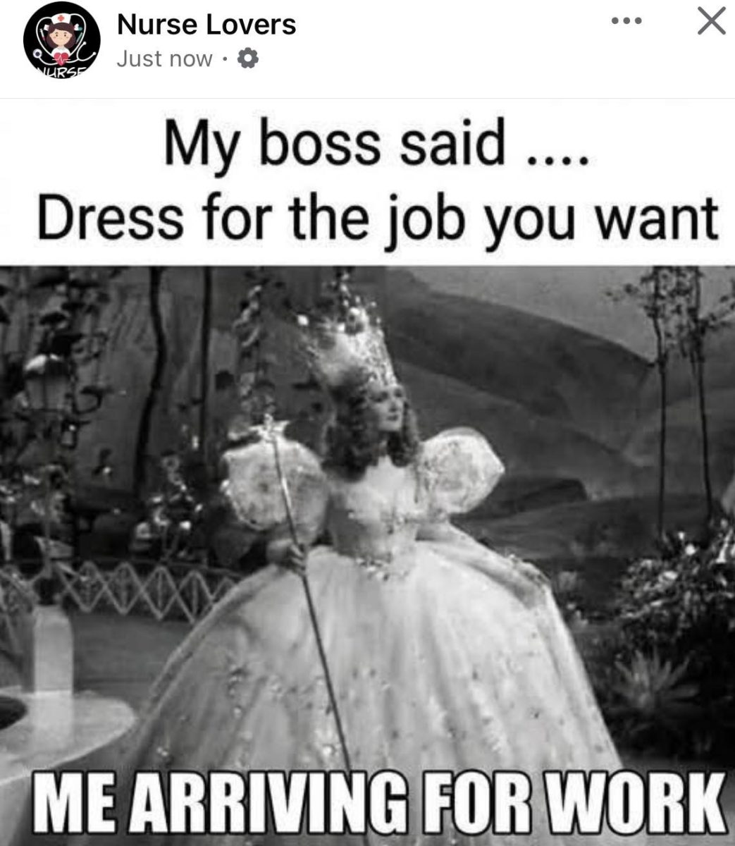 A humorous meme featuring a woman in a large, sparkly gown and crown, captioned 'My boss said... Dress for the job you want. Me arriving for work.'