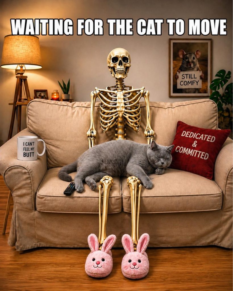 A skeleton sitting on a couch next to a sleeping gray cat, wearing bunny slippers, with humorous text above it that reads 'WAITING FOR THE CAT TO MOVE'. There are decorative pillows and a coffee mug with the phrase 'I CAN'T FEEL MY BUTT'.