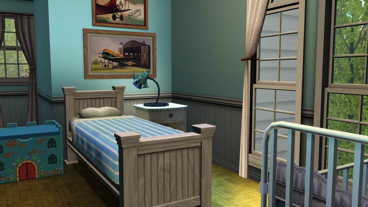 A cozy child's bedroom featuring a single bed with blue striped bedding, a nightstand with a lamp, and a colorful toy storage box. The walls are painted light blue, and there are large windows with curtains, allowing natural light to fill the room.