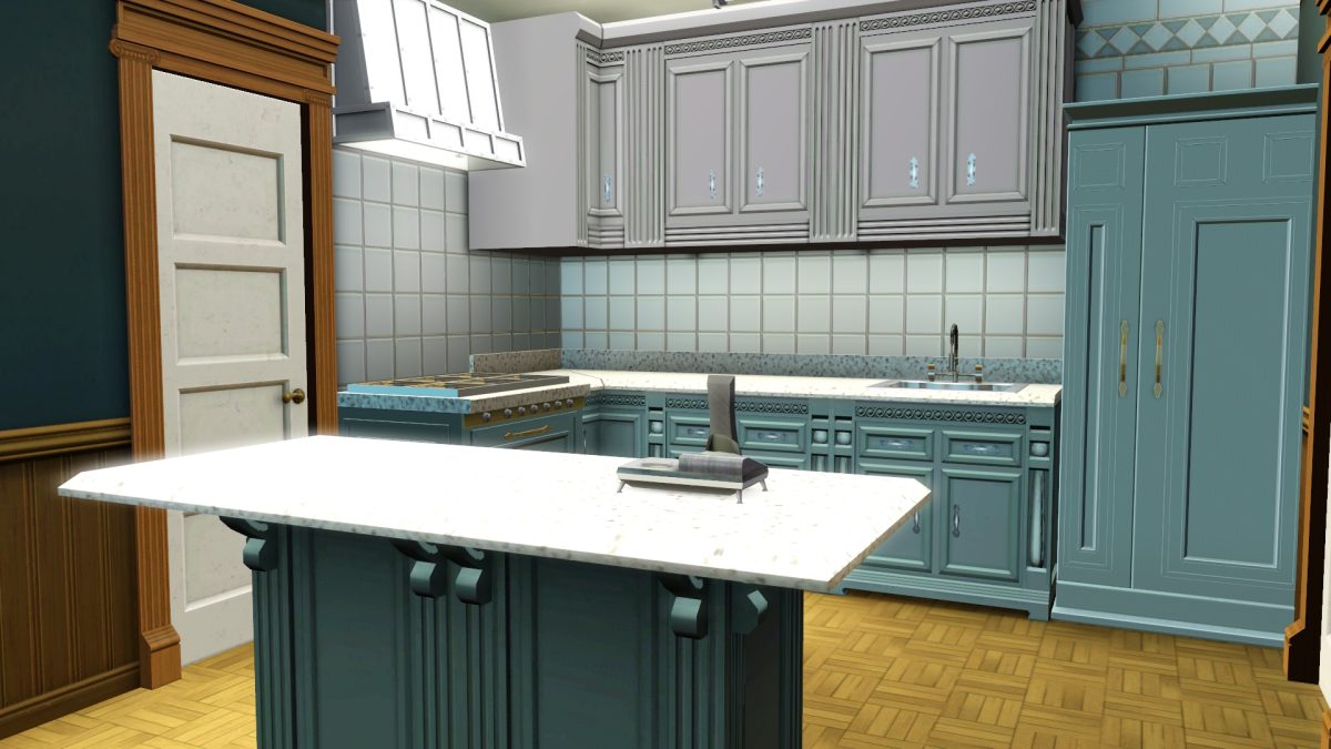 A modern kitchen featuring blue cabinetry, a central island with a white countertop, a traditional stove, and a large refrigerator. The walls are tiled, and there is a wooden door in the background.