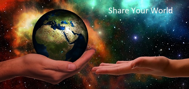Two hands reaching out to each other, holding a globe amidst a colorful cosmic background with the text 'Share Your World'.